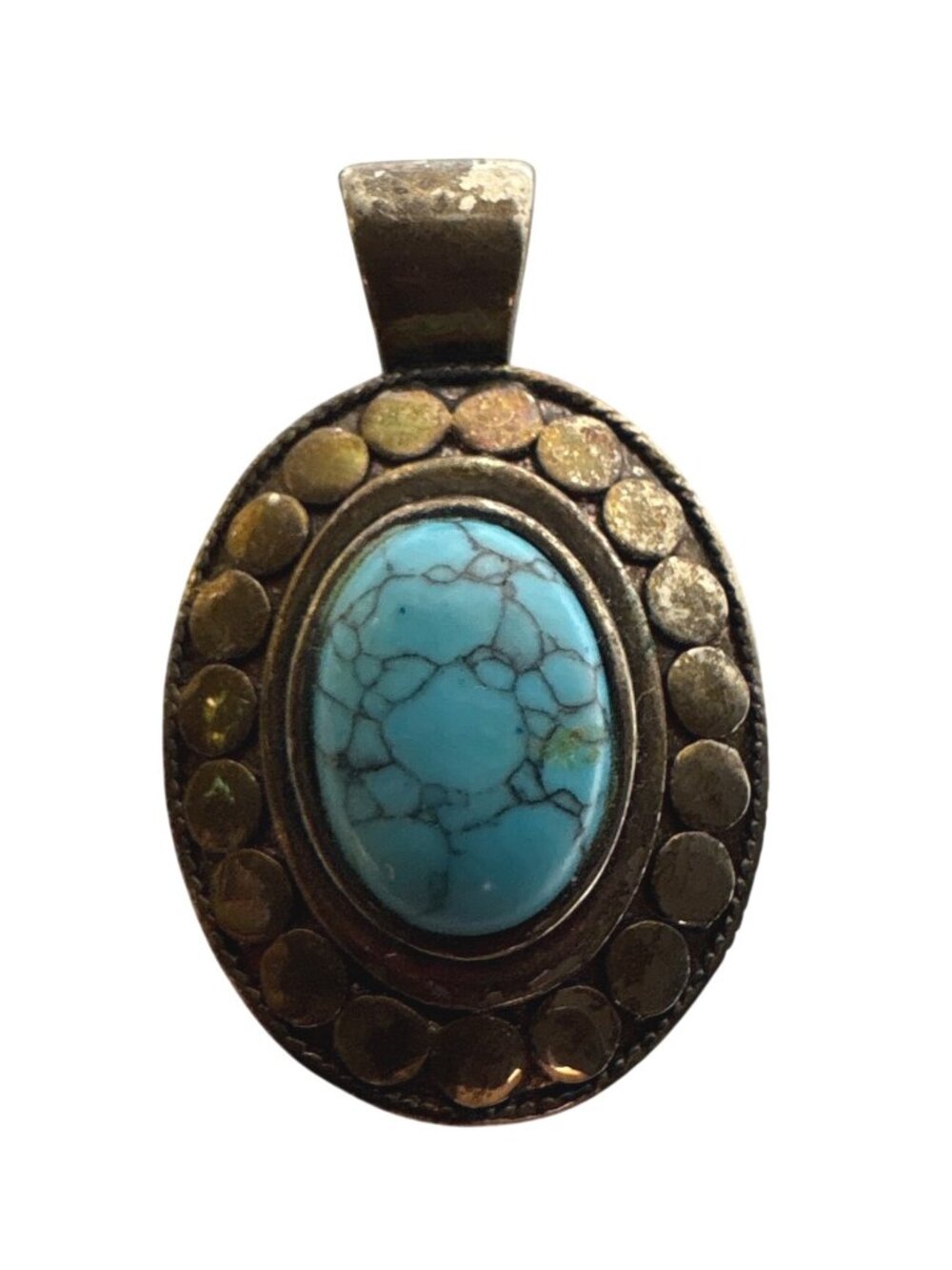 Vintage Oval Pendant With Turquoise Color Stone & Antiqued Metal Design 2 x 1.5"